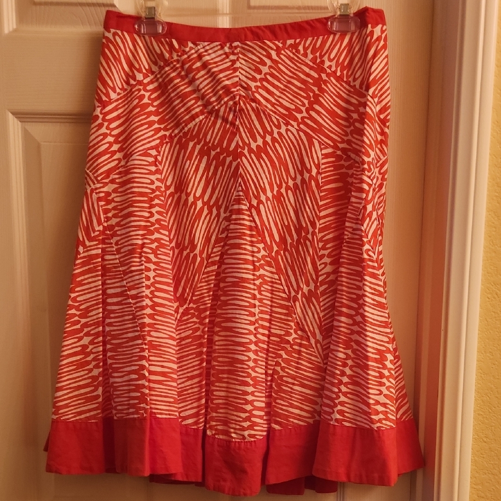 Red and White Pleated A-Line Midi Skirt